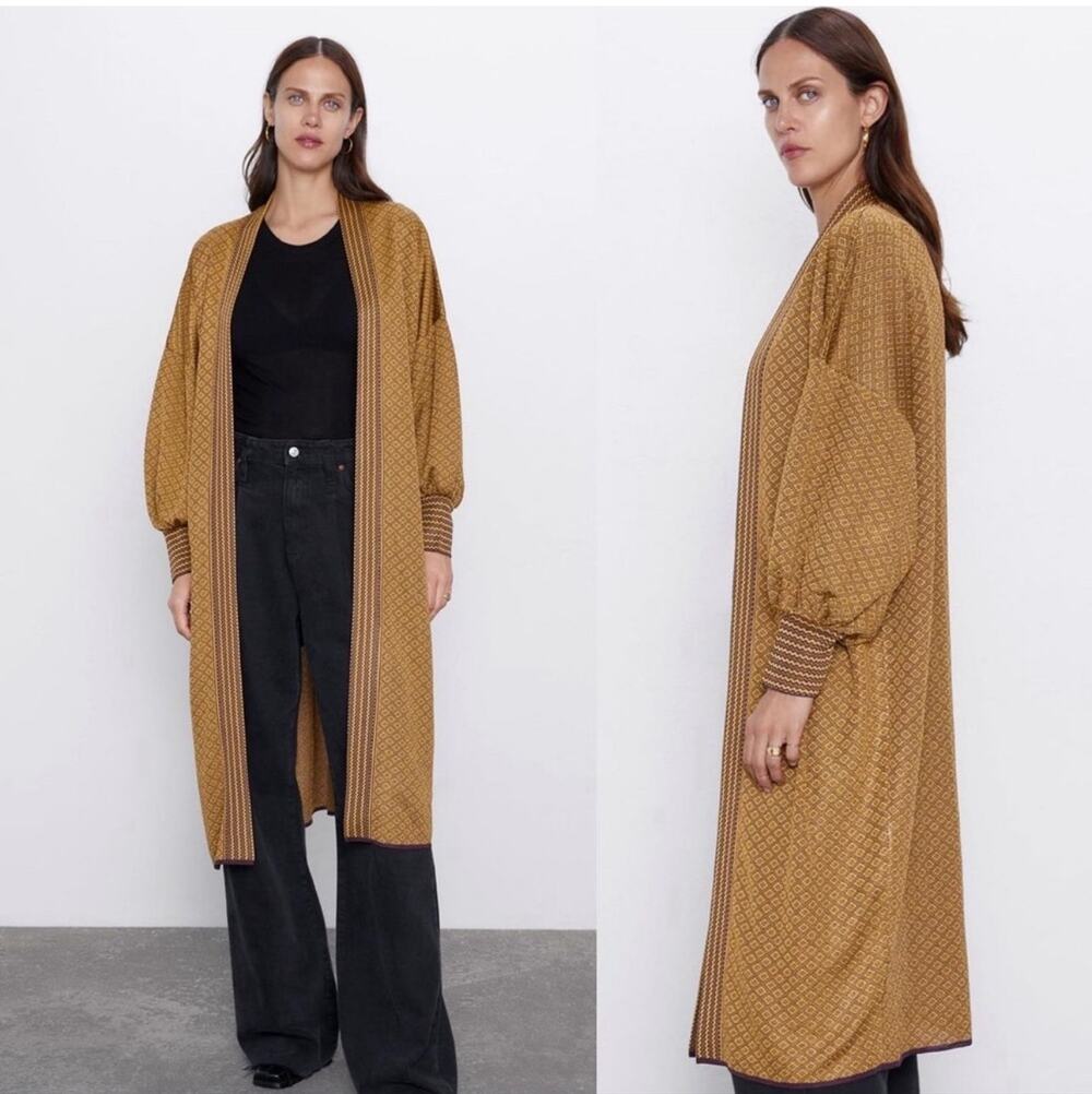 Zara Kimono Duster Womens Small Gold Metallic Longline Jacquard Puff Sleeve Knit